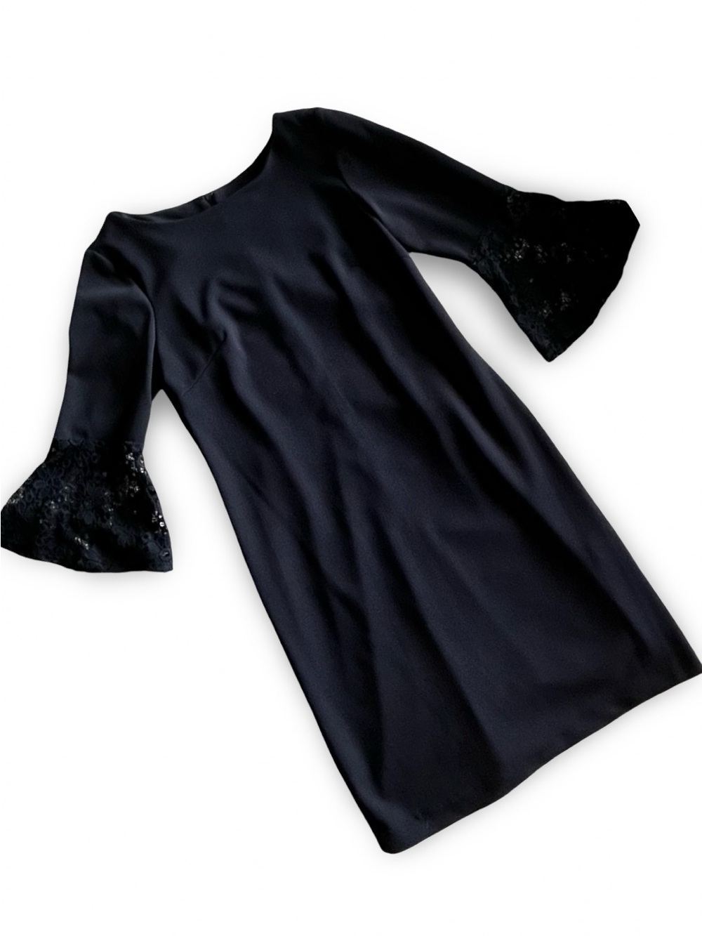 Sharagano Navy Blue Lace Bell Sleeve Sheath Dress Sz 8